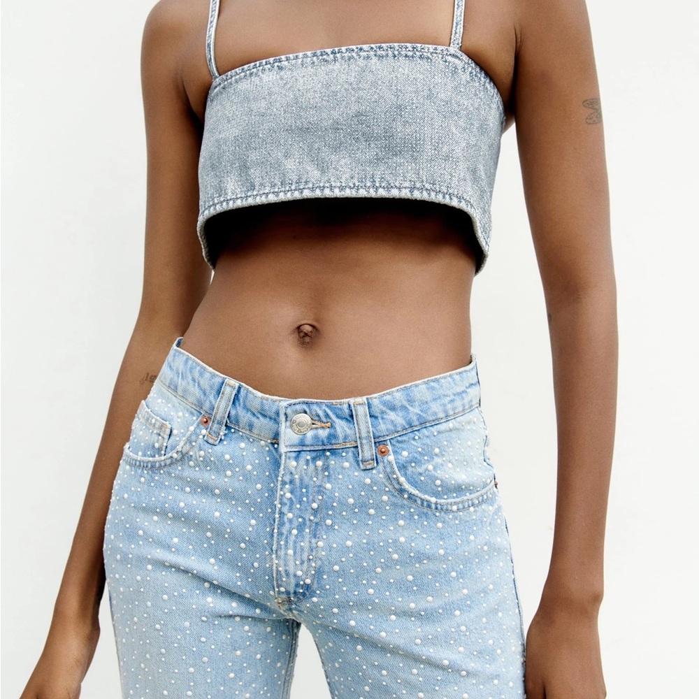 Zara Glittery rhinestone Denim Crop Top